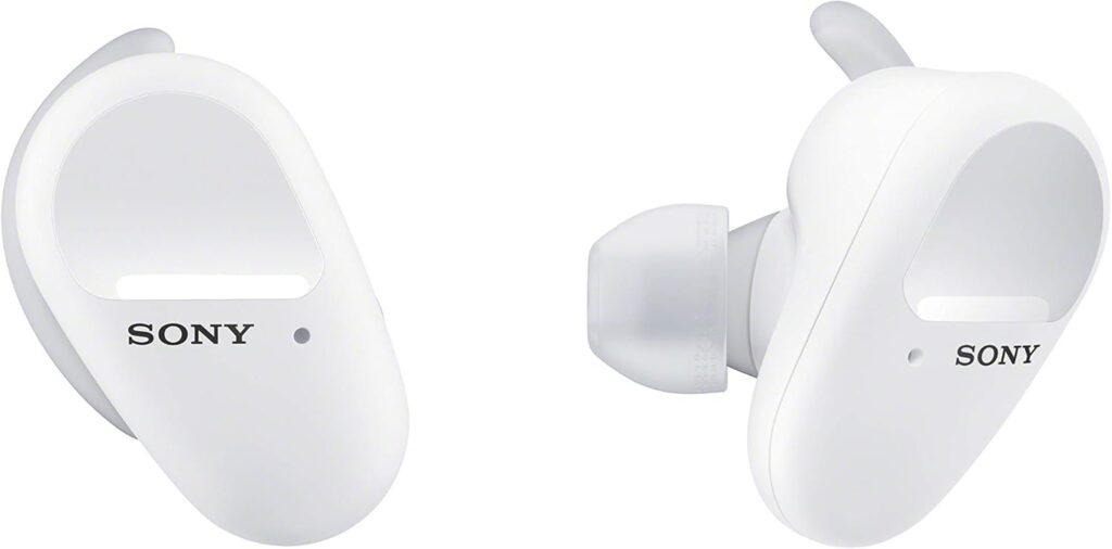 White Sony true wireless earbuds angled to show design, featuring a sleek profile and logo, ideal for music and calls.