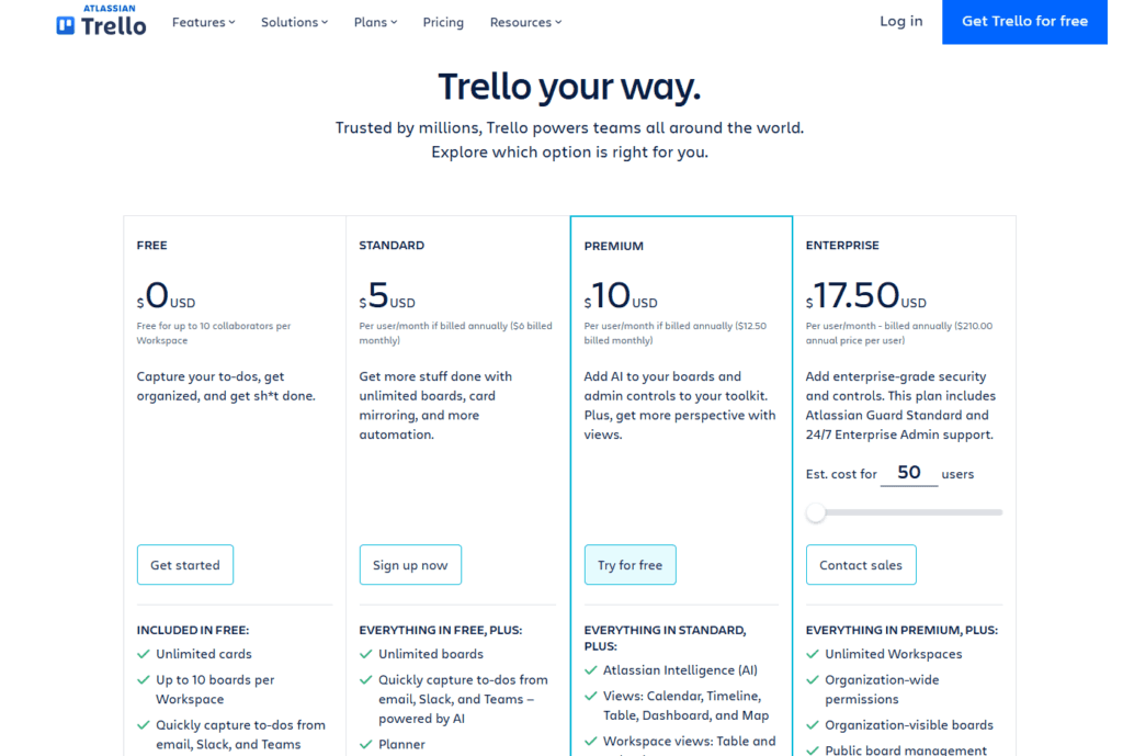 Trello pricing plans overview: Free, Standard, Premium, and Enterprise tiers with features and costs displayed. Options for teams to choose from.