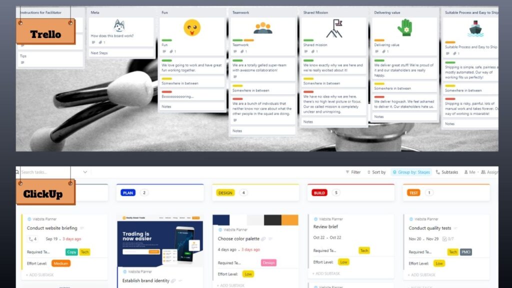Screenshot of a project management dashboard featuring Trello and ClickUp boards with task categories like "Meta," "Fun," and "Design."