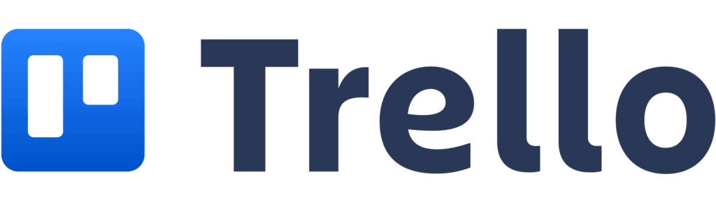 Trello logo featuring a blue square with rounded corners and two rectangular shapes inside, accompanied by the word "Trello" in dark blue.