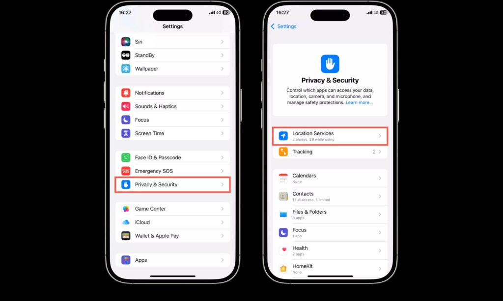 Screenshot of an iPhone displaying the Privacy & Security settings, highlighting Location Services usage and app permissions.