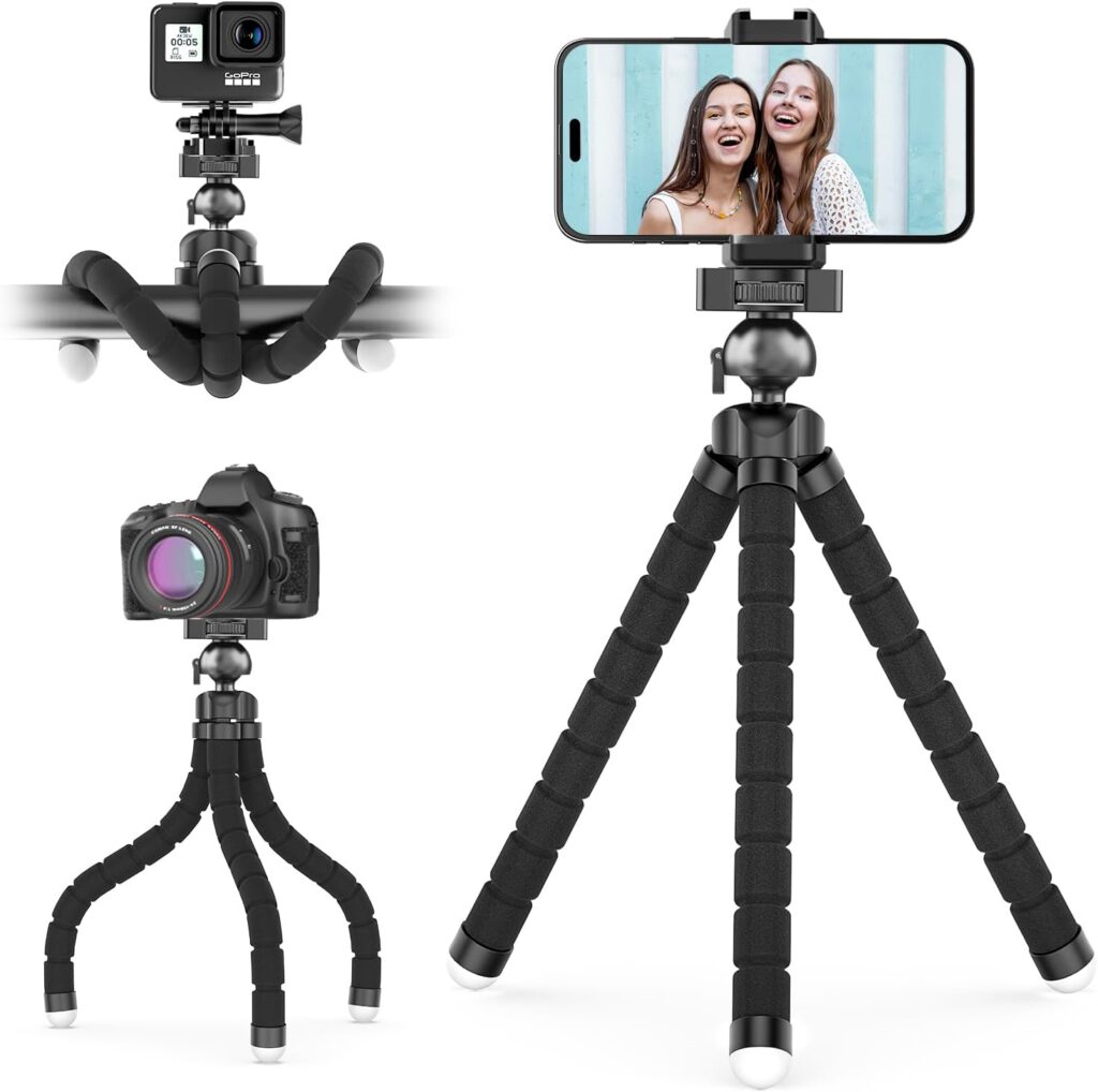 A versatile tripod designed for cameras and smartphones, featuring flexible legs and a secure mounting system.