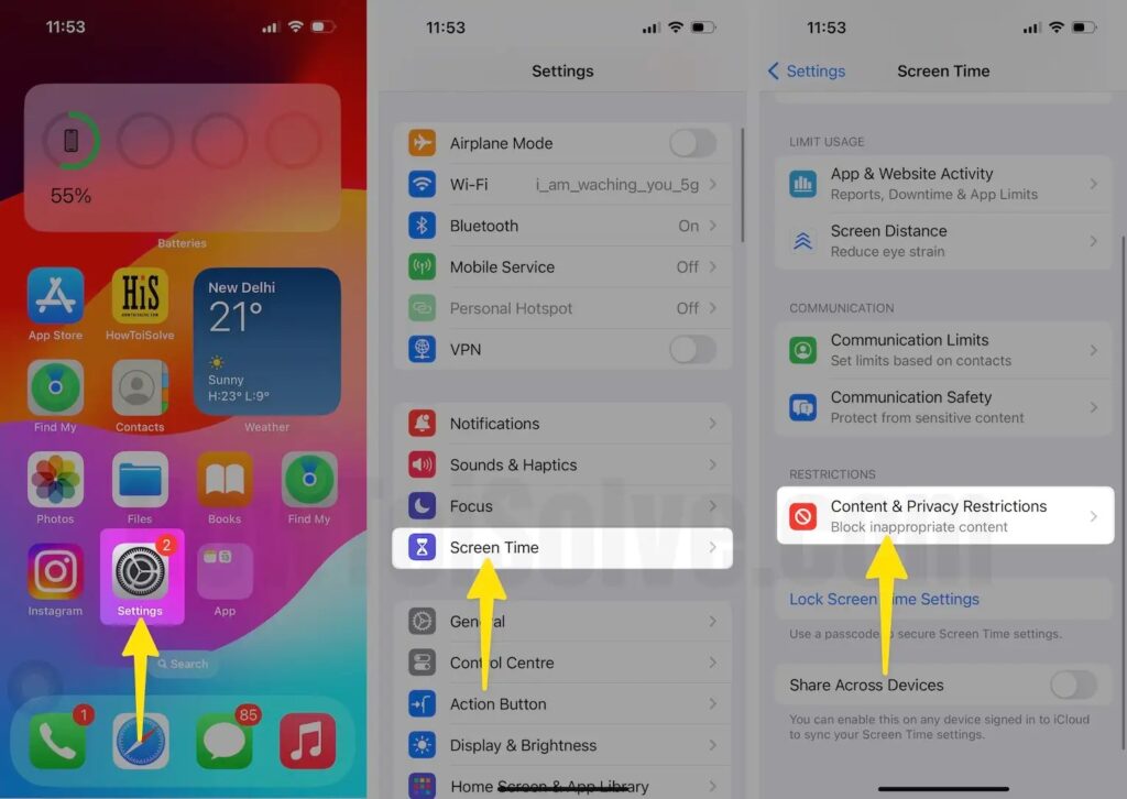 iPhone screen displaying Settings menu with highlighted options for Screen Time and Content & Privacy Restrictions on iOS.