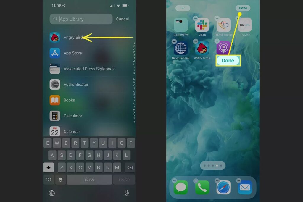 Screenshot showing the App Library with "Angry Birds" highlighted and an iPhone home screen with various app icons, plus a "Done" button.