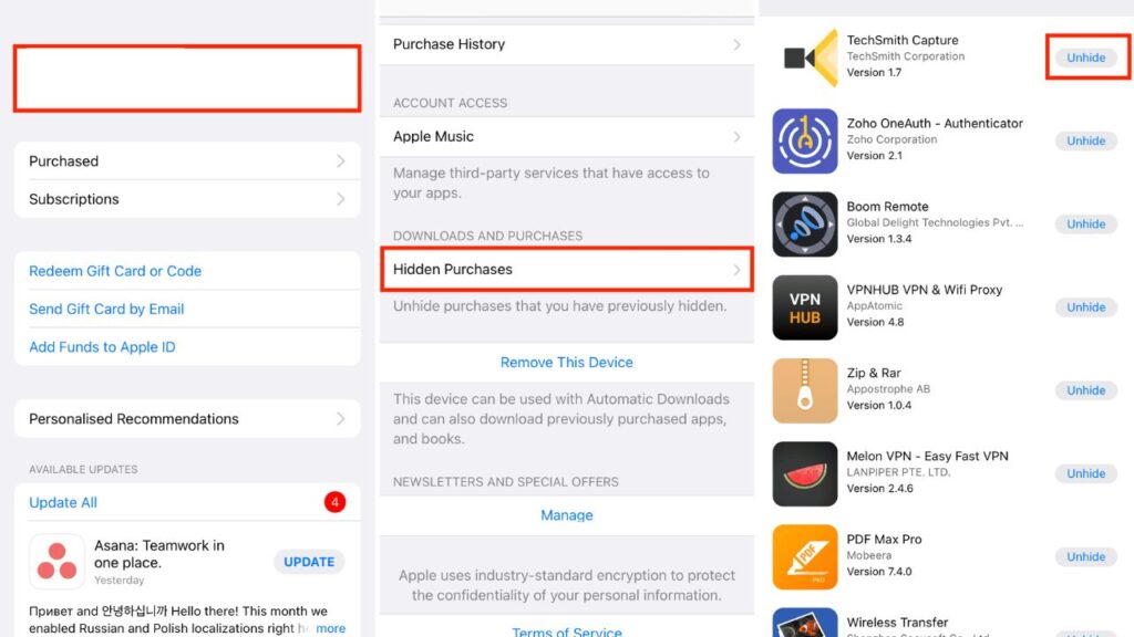 Screenshot of an iOS device settings page showing the "Hidden Purchases" section, highlighting various apps with options to unhide them.