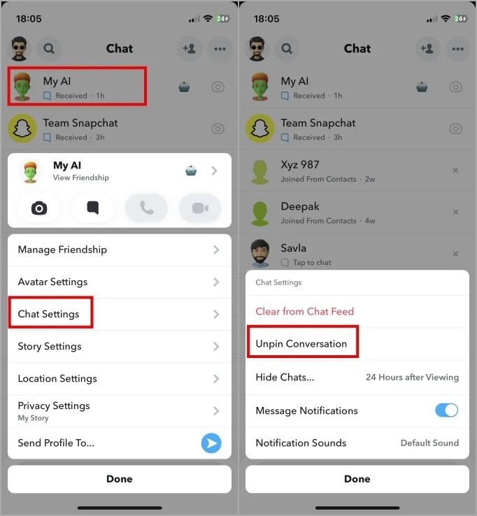 Screenshot of Snapchat chat interface showing options to manage friendships and chat settings, including unpinning a conversation.