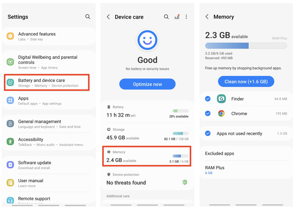 Screenshot showing mobile device settings for "Battery and Device Care," highlighting storage and memory usage statistics.