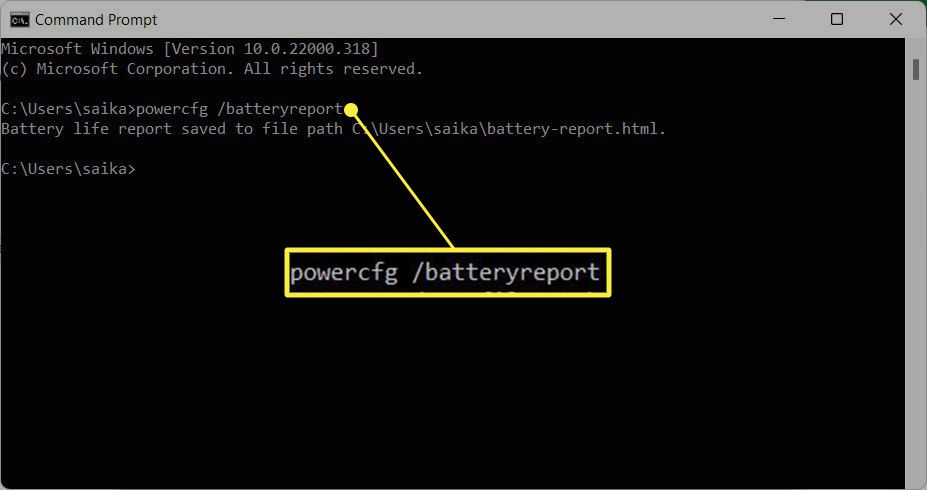 The Command Prompt in Windows shows a battery report command with the output indicating the report is saved as an HTML file.