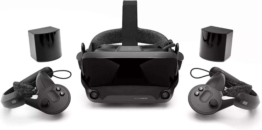 A black VR headset with two controllers and two base stations, designed for immersive virtual reality experiences.