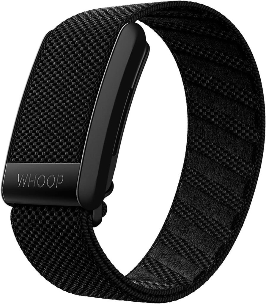 Close-up of a black WHOOP fitness tracker, featuring a textured band and sleek design, ideal for monitoring performance and health metrics.