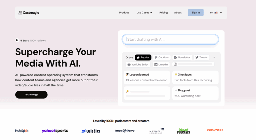 Homepage of Castmagic, featuring AI tools for media content creation, user reviews, and sign-in options.