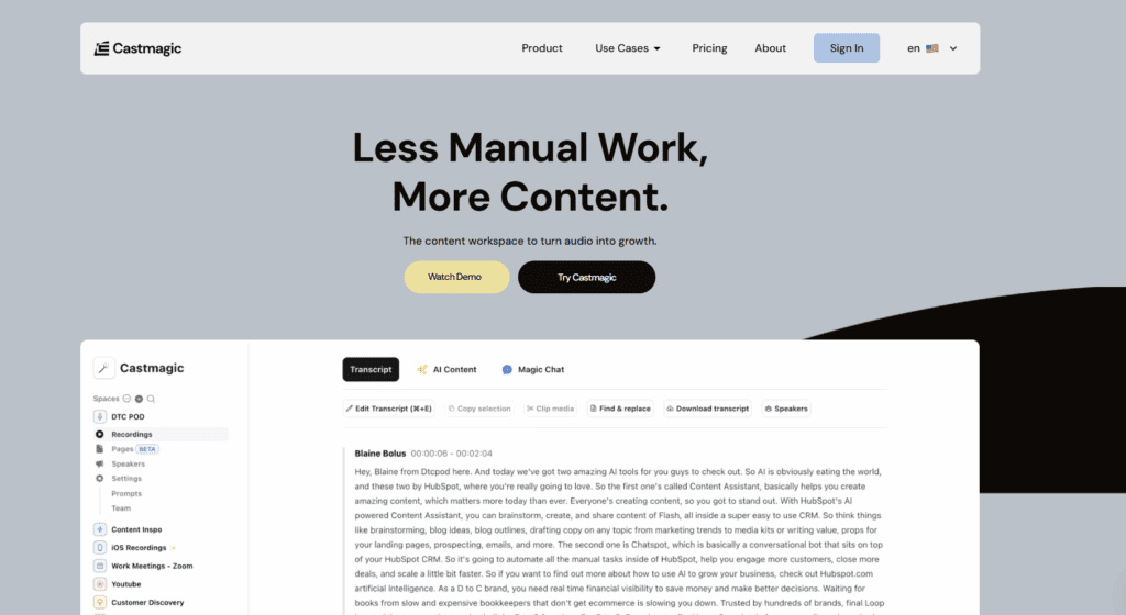Screenshot of the Castmagic website, showcasing features for audio content creation and management with a focus on automation and growth.