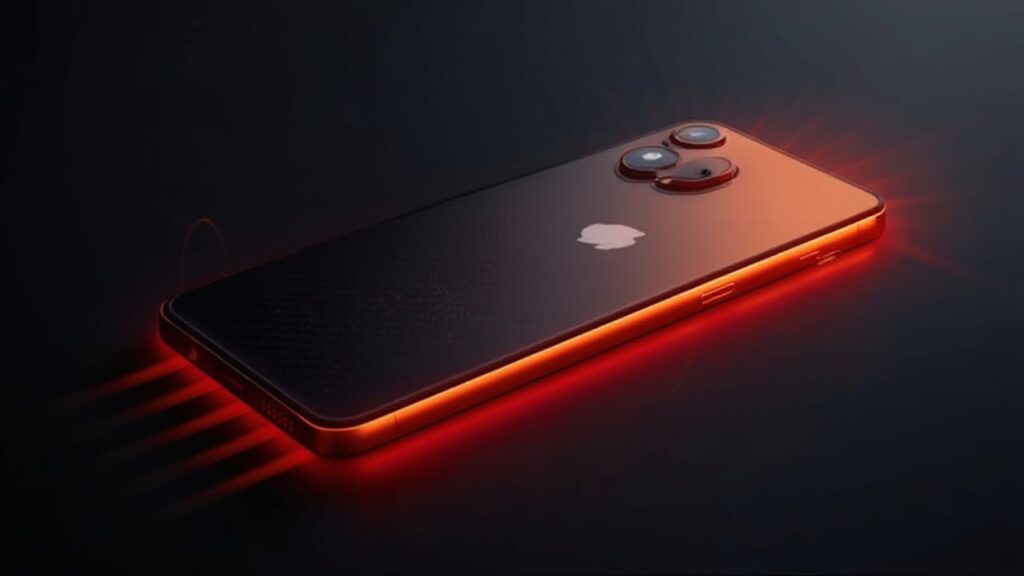 A sleek black smartphone with glowing orange accents and camera lenses is displayed against a dark background.