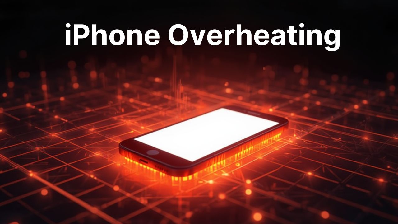 A futuristic image of an overheating iPhone illuminated in red, surrounded by a glowing digital network backdrop.