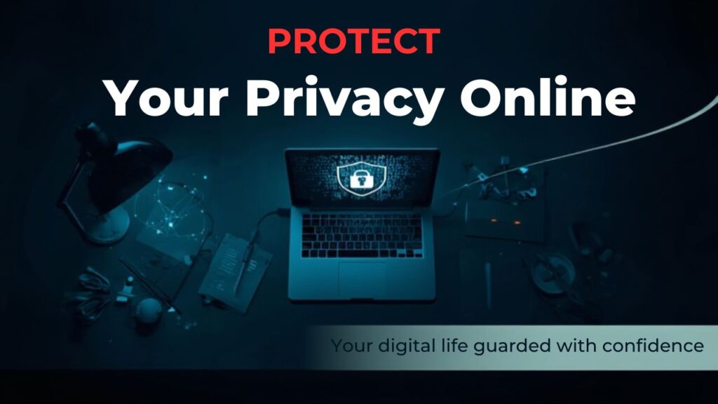 A laptop with a padlock symbol on its screen is surrounded by tech gadgets and a lamp, emphasizing online privacy protection.