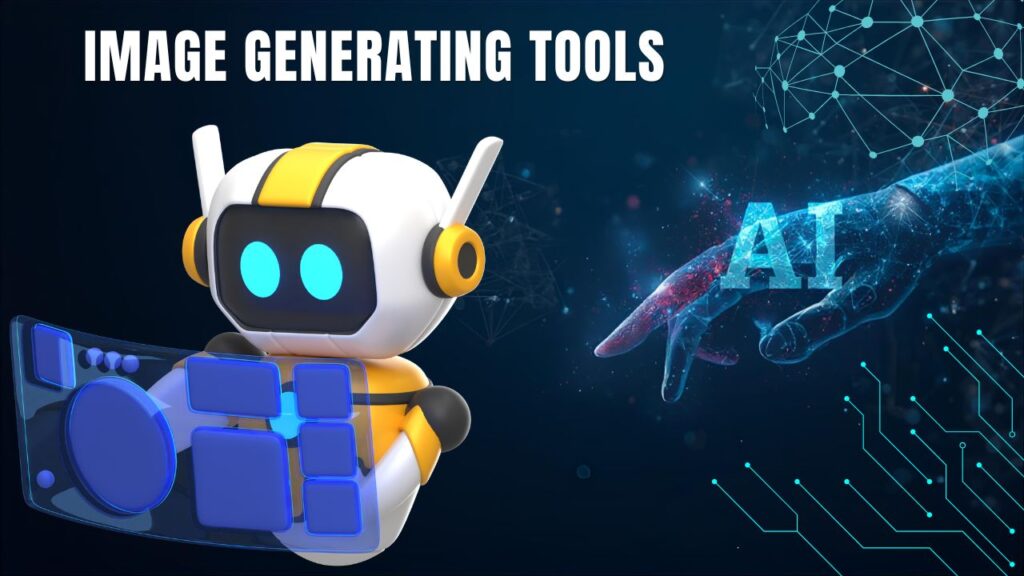 A friendly robot with blue accents interacts with digital elements, symbolizing AI-powered image generation tools.