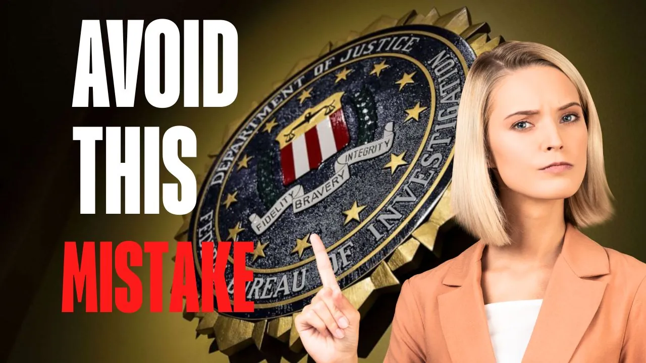 A woman in a peach blazer points confidently while the FBI seal is displayed prominently behind her, with bold text warning to "Avoid This Mistake".