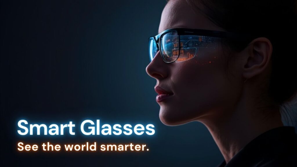 A silhouette of a person wearing smart glasses against a dark background, with the text "Smart Glasses. See the world smarter."