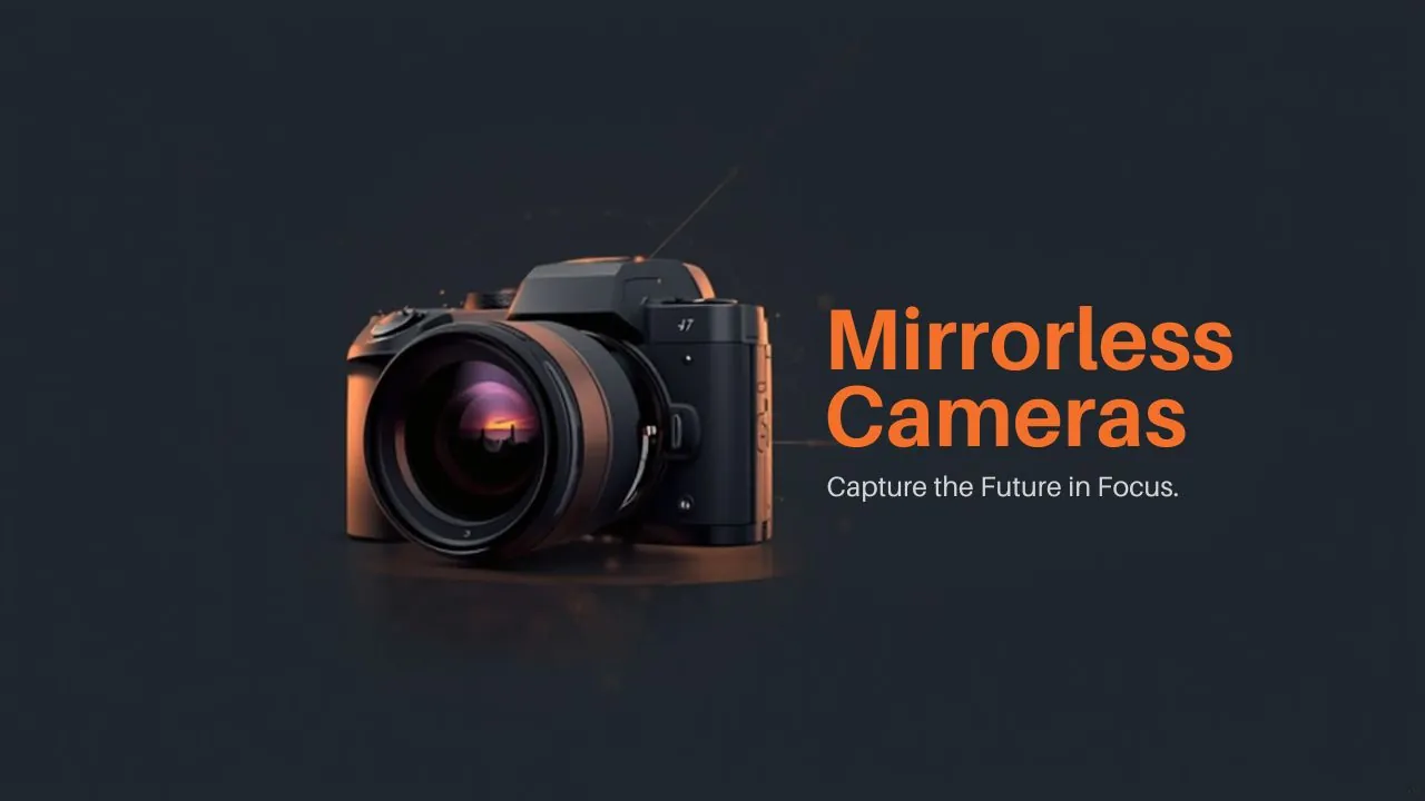 Image of a sleek mirrorless camera with a large lens, accompanied by text promoting capturing the future in focus.
