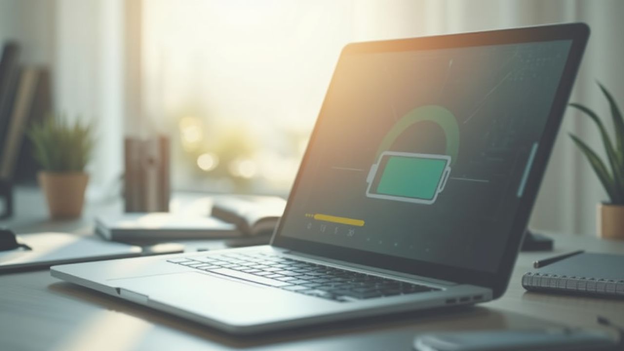 A laptop on a desk displays a charging battery icon, indicating it's connecting to power in a bright, sunlit office environment.