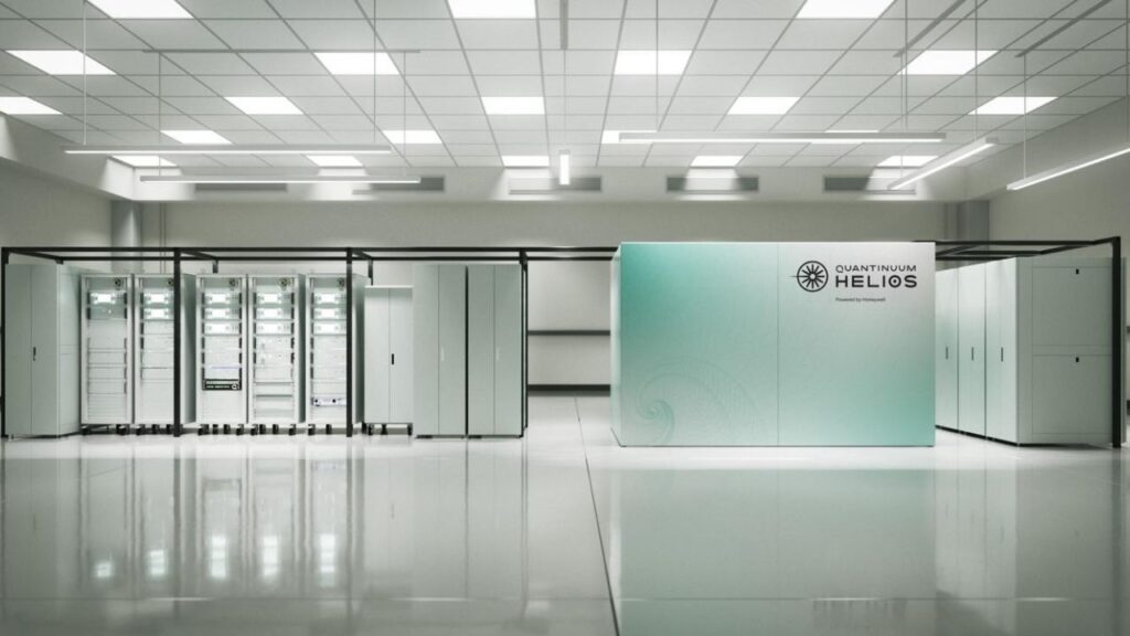 A sleek, modern room featuring multiple Helios quantum computing units, showcasing cutting-edge technology and a clean design.