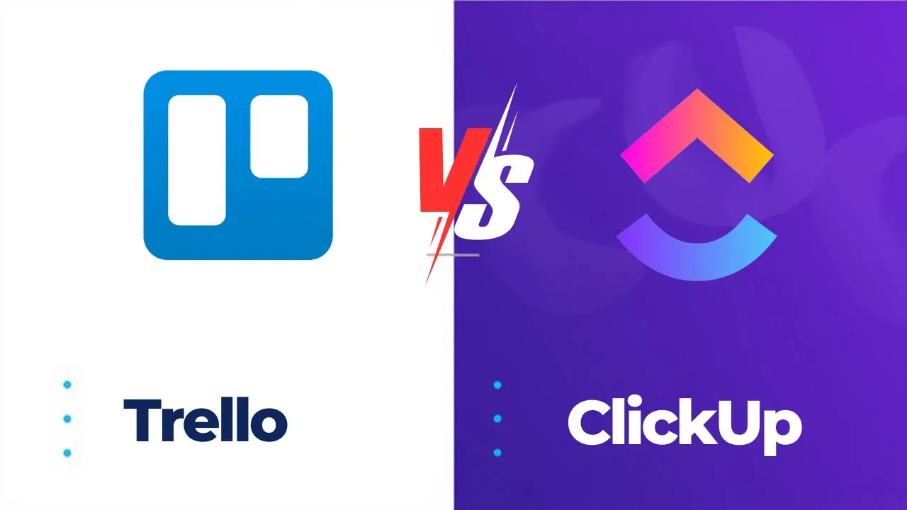 Logo comparison between Trello and ClickUp, highlighting their features for project management with a bold "VS" in the center.