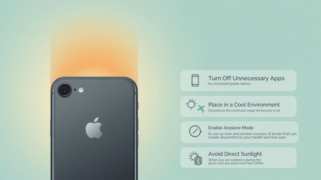 An iPhone with tips on preventing overheating, including app management, cool placement, airplane mode, and avoiding sunlight.
