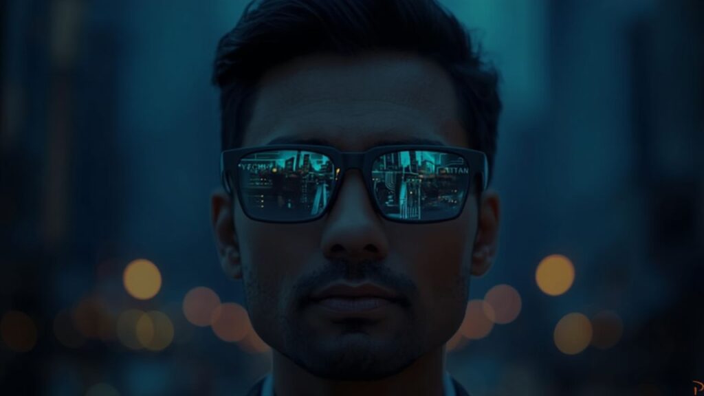 A person standing in an urban setting at dusk, with city lights glowing softly in the background, creating a moody atmosphere.