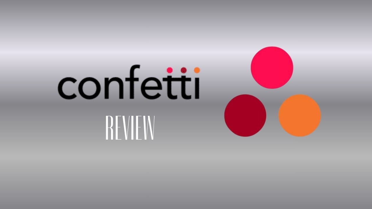 A logo for "Confetti" displayed with colorful dots and the word "REVIEW" in bold, showcasing a modern design on a gray background.