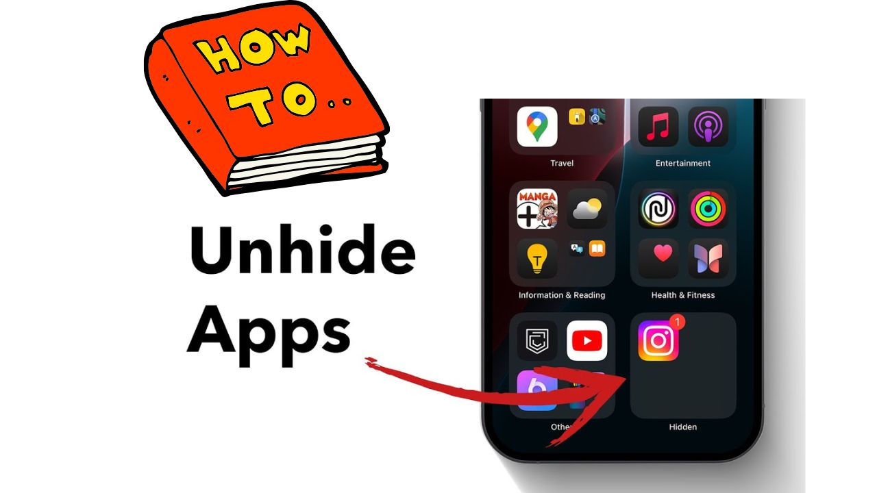 A smartphone screen displays app icons, with a red arrow pointing to "Hidden" apps. A red book with "How to Unhide Apps" text is above.