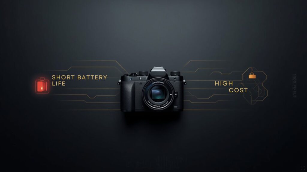 A sleek camera on a dark background, with annotations highlighting "Short Battery Life" and "High Cost" in a tech-inspired design.