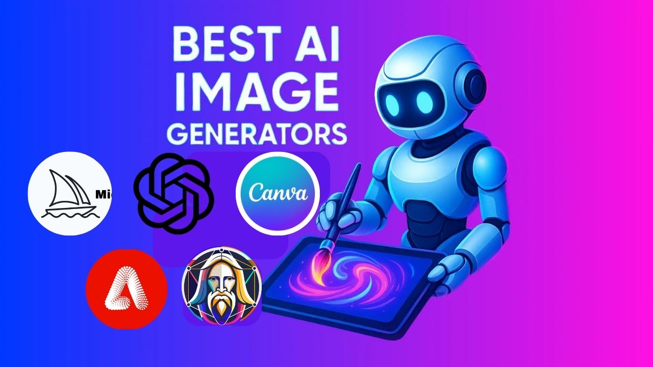 A futuristic robot creating digital art on a tablet, alongside logos of top AI image generator platforms against a vibrant background.