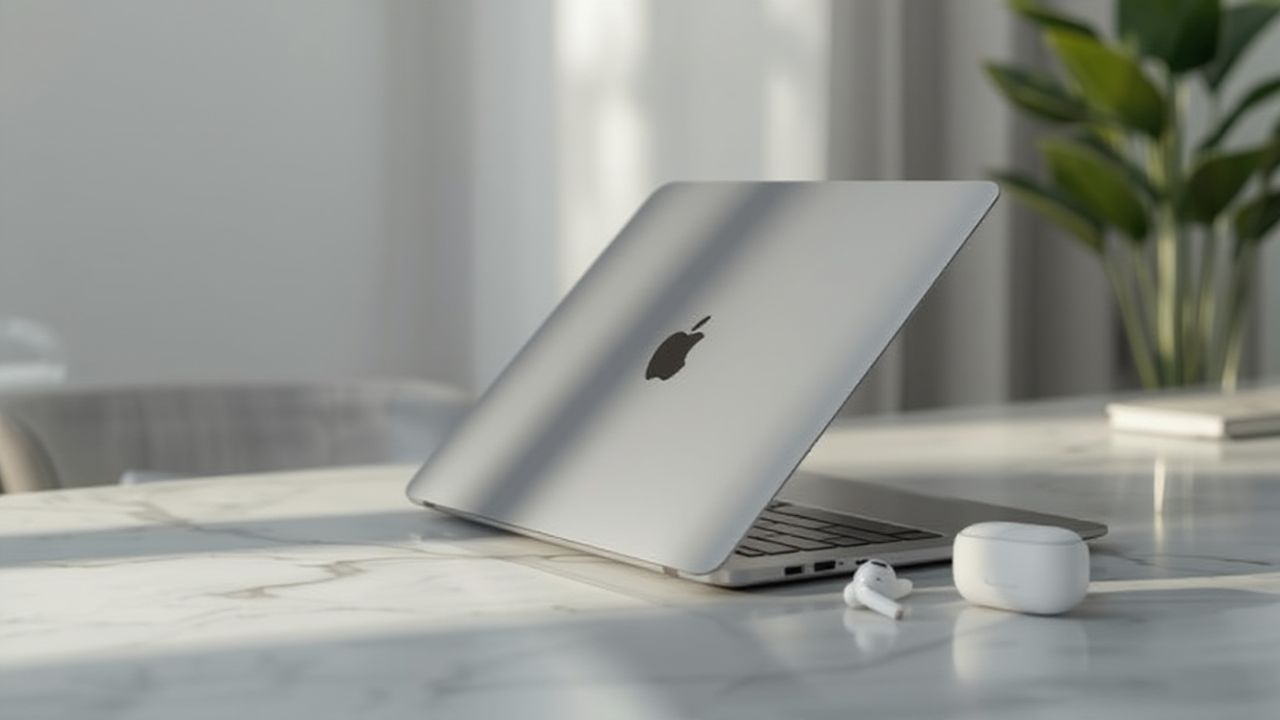 A silver MacBook is partially open on a marble table, accompanied by white AirPods and a green plant in the background.