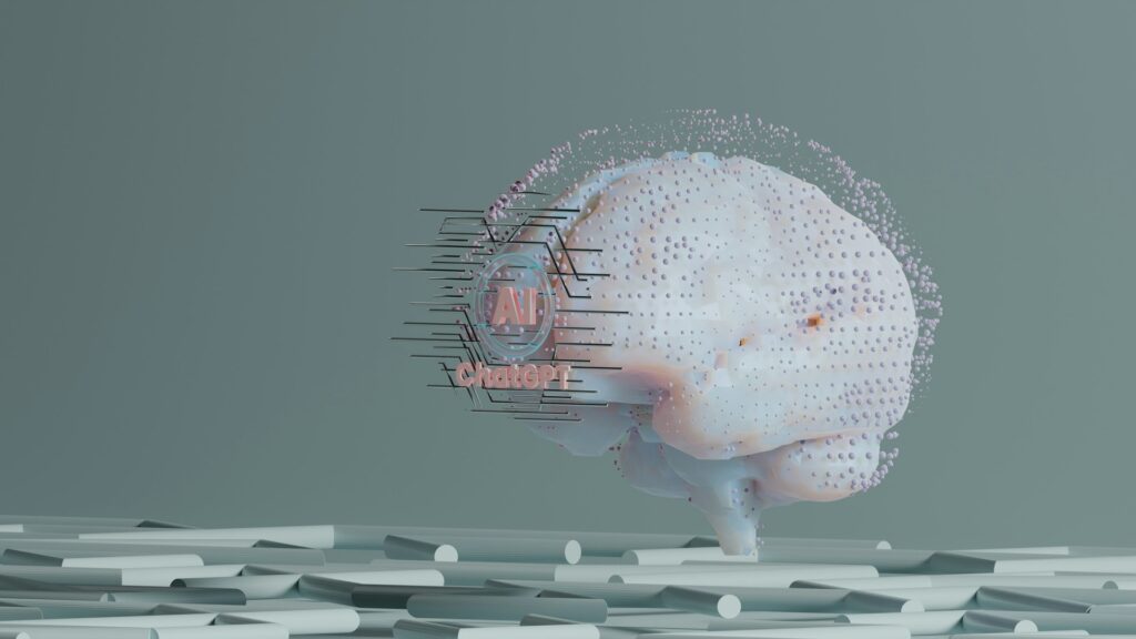 A stylized brain surrounded by digital data points, featuring the text "AI ChatGPT" integrated into the design, on a textured surface.