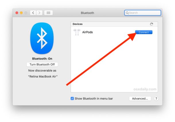 Bluetooth settings window on Mac showing "On" status and option to connect to AirPods with an arrow pointing at the "Connect" button.