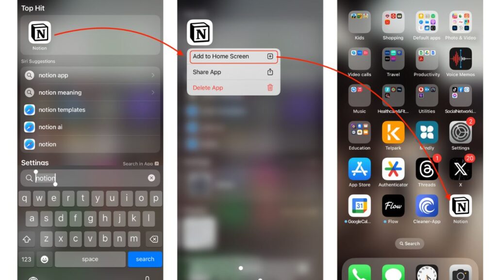 A mobile screen showing the process to add the Notion app to the home screen, with highlighted options and search bar.