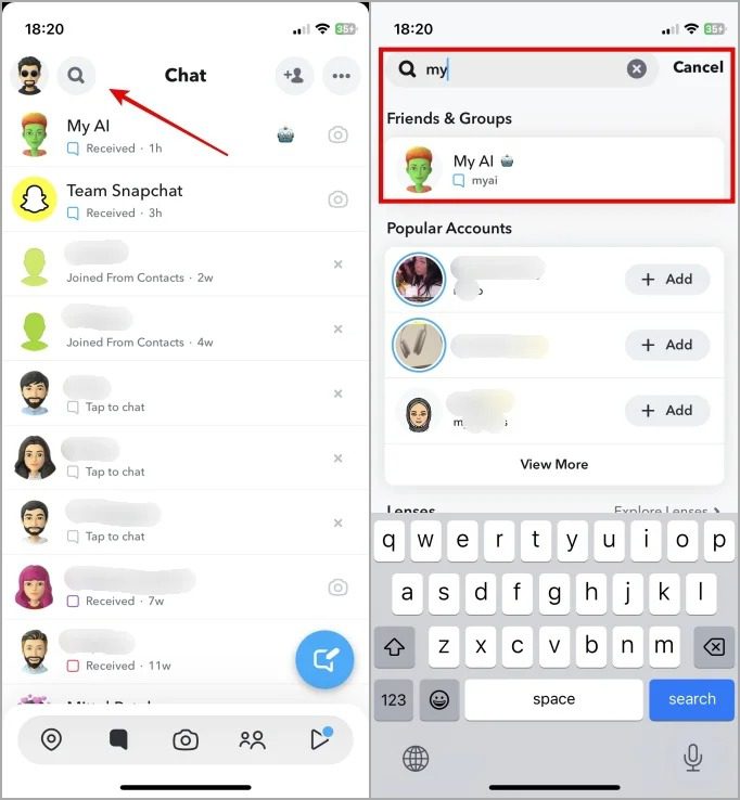 A smartphone screen displays the Snapchat chat interface, highlighting a search bar for finding friends and groups labeled "My AI."