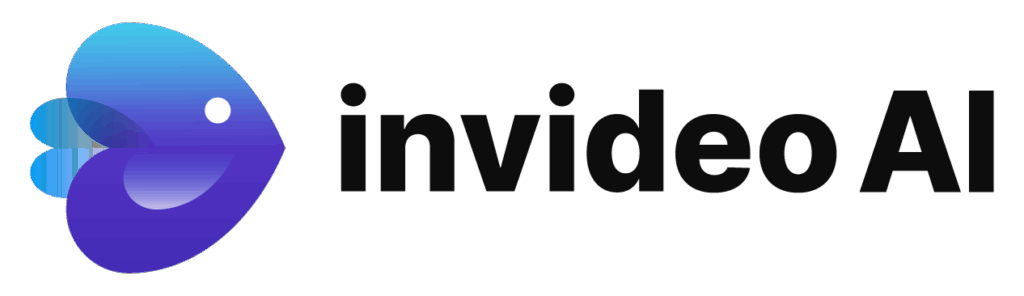 Logo of InVideo AI, featuring a stylized fish design in gradient blue and purple, accompanied by bold text reading "invideo AI."