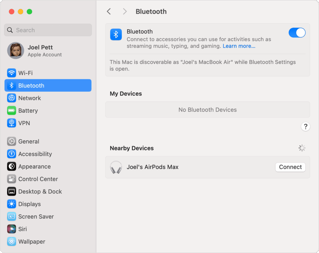 Bluetooth settings on a MacBook Air, displaying the option to connect to nearby devices, including Joel's AirPods Max.