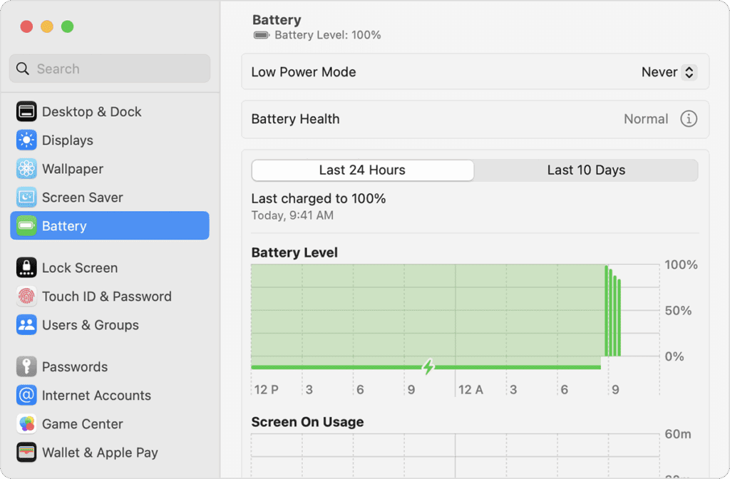 Screenshot of a Mac battery settings menu showing 100% battery level, usage chart for last 24 hours, and low power mode settings.