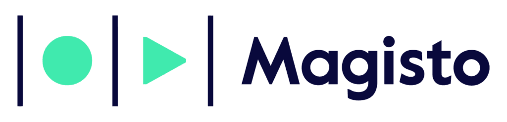 Magisto logo featuring a play button icon beside the word "Magisto" in a modern font, combining teal and dark blue colors.