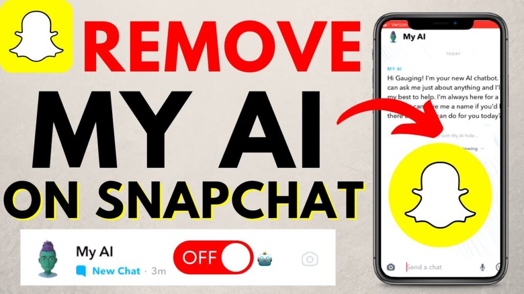 An image showing a smartphone displaying the Snapchat interface with a "Remove My AI" message and a toggle switch labeled "OFF."