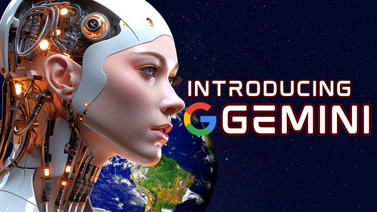 Close-up image of a futuristic female android's face and mechanical body against a dark background with stars and a partial view of Earth, next to the text "INTRODUCING G GEMINI."