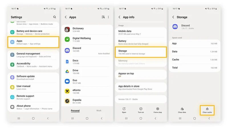 Screenshot of a smartphone displaying settings for apps, including storage usage and options to clear cache for the Discord app.