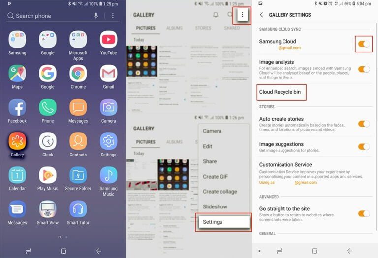 A Samsung phone screen showing app icons, gallery settings, and options for cloud sync, image analysis, and recycle bin.