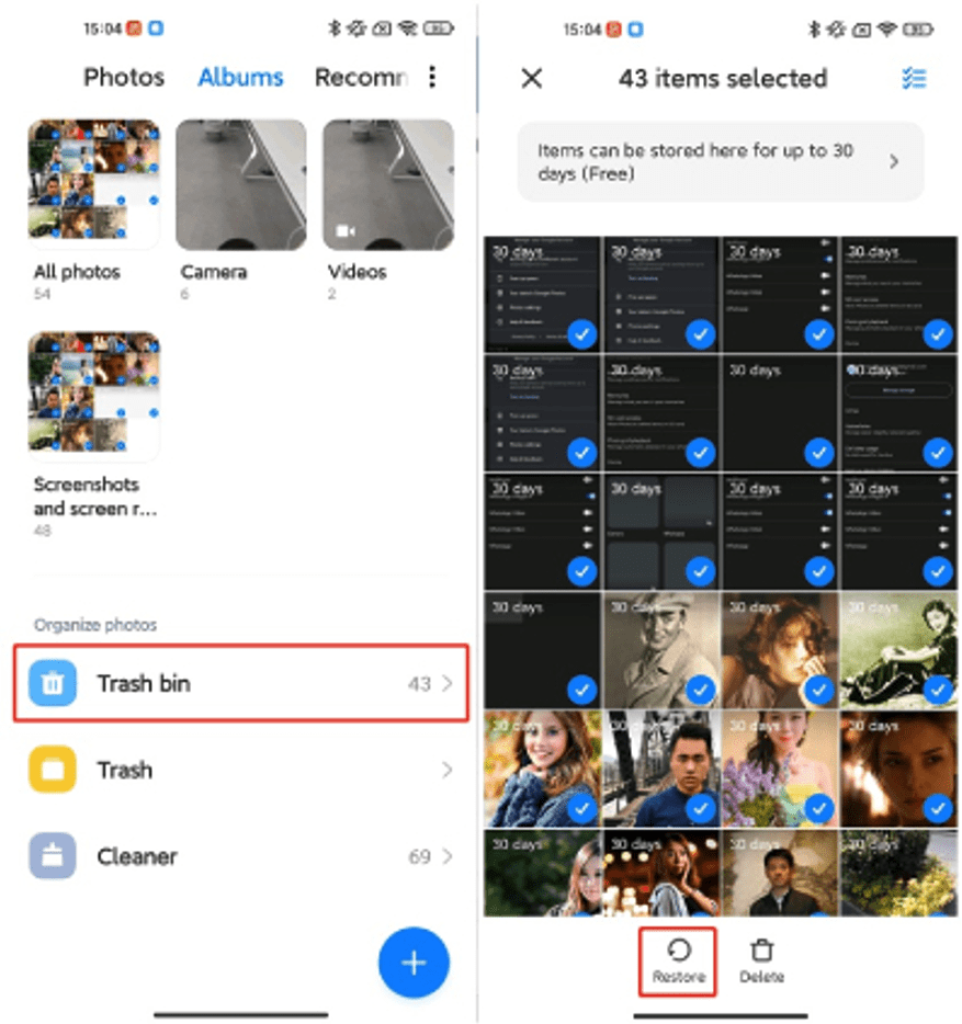 A mobile app interface displaying photo albums, with a highlighted trash bin containing 43 selected items ready for restoration or deletion.