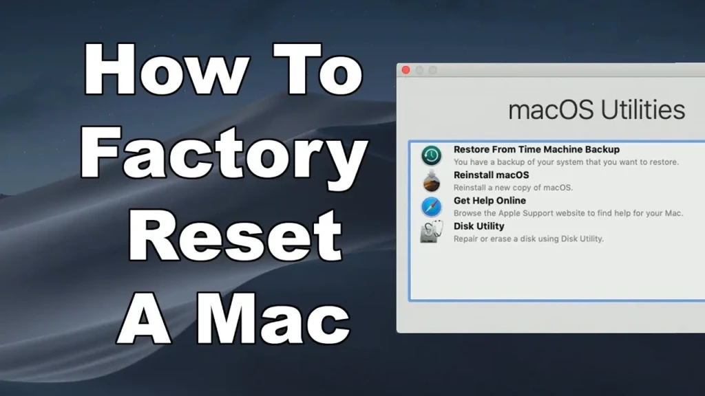 A tutorial graphic titled "How To Factory Reset A Mac." On the right, a screenshot of the macOS Utilities window displays key recovery options: "Restore From Time Machine Backup," "Reinstall macOS," "Get Help Online," and "Disk Utility," set against a dark, abstract background.