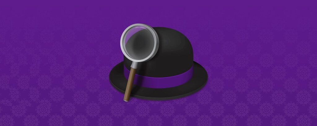 A black bowler hat with a purple band and a magnifying glass resting on it, set against a deep purple patterned background.