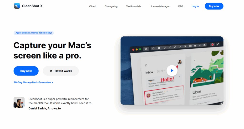 Promotional image for CleanShot X software showcasing its screen capture capabilities and user testimonials on a modern website layout.