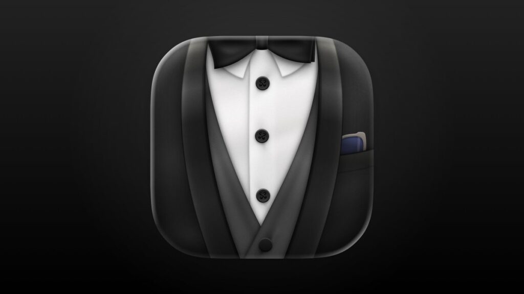 Stylized app icon featuring a tuxedo top, complete with a bow tie and pocket square, set against a dark background.